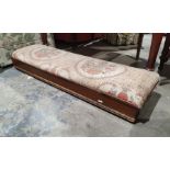 Early 20th century long narrow hearth stool with lift-up upholstered top, 108cm long together with a