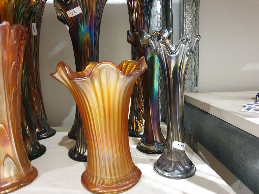 Collection of Carnival glass vases, early 20th century, in amethyst, blue and marigold colours, - Image 12 of 13