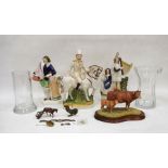 Three Staffordshire figures, a Border Fine Arts model of a cow and calf, two glass vases and costume