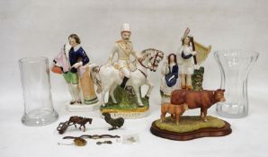 Three Staffordshire figures, a Border Fine Arts model of a cow and calf, two glass vases and costume