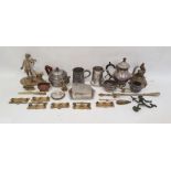 Plated, pewter and brassware to include flatware, teapot, mug, etc (1 box)
