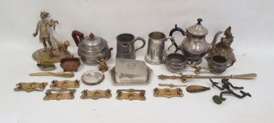 Plated, pewter and brassware to include flatware, teapot, mug, etc (1 box)
