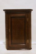 Oak wall-hanging corner cupboard with single cupboard door, on plinth base