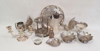 Assorted electroplated wares to include fighting cocks decanter, wines, salt, peppers, bowls, etc (2
