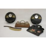 Lacquered papiermache crumb tray and brush, a pair of Victorian ebonised wall-mounted mirrors with