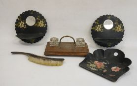 Lacquered papiermache crumb tray and brush, a pair of Victorian ebonised wall-mounted mirrors with