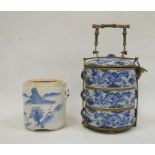 Brass mounted Chinese picnic box set and a ceramic two handled cylindrical vase, 20th century, the