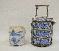 Brass mounted Chinese picnic box set and a ceramic two handled cylindrical vase, 20th century, the