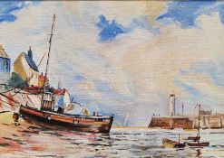 20th century British school Oil on board Fishing village, unsigned, 27cm x 38cm