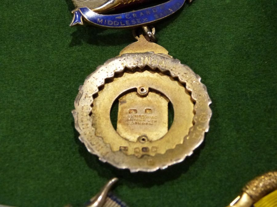 11 silver-gilt  and enamel masonic medals, a large gilt metal and enamel masonic medal attached to - Image 6 of 7