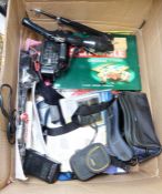 JVC video movie camcorder, a Sony Mini-DVD Handycam, two telescopic fishing rods, board games,