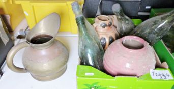 Assorted glass bottles, a copper jug and various ceramics and metalware (3 boxes)