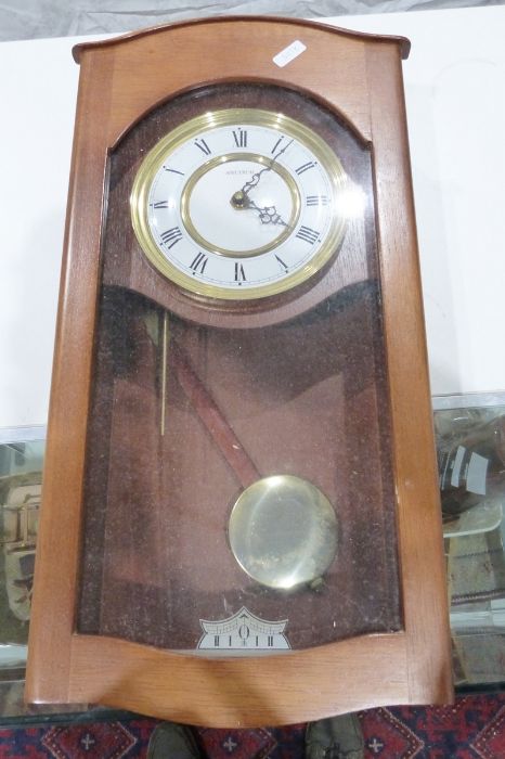 Royal Doulton "Pillar Rose" part dinner/tea service, a Spectrum wall clock, two embossed brass trays - Image 4 of 5