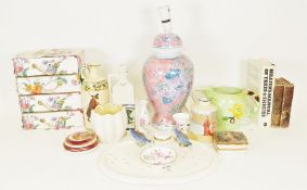 Royal Doulton Isaac Walton ware jug, Royal Doulton Wolsey ware vase, assorted china, books, rug,