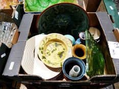 Mary Wondrausch wharf pottery dish, various Art Deco pressed green glass and pottery (2 boxes)