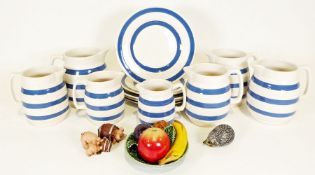 Various Staffordshire ironstone chef ware jugs, blue and white bands, plates, bowls, a ceramic