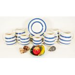 Various Staffordshire ironstone chef ware jugs, blue and white bands, plates, bowls, a ceramic