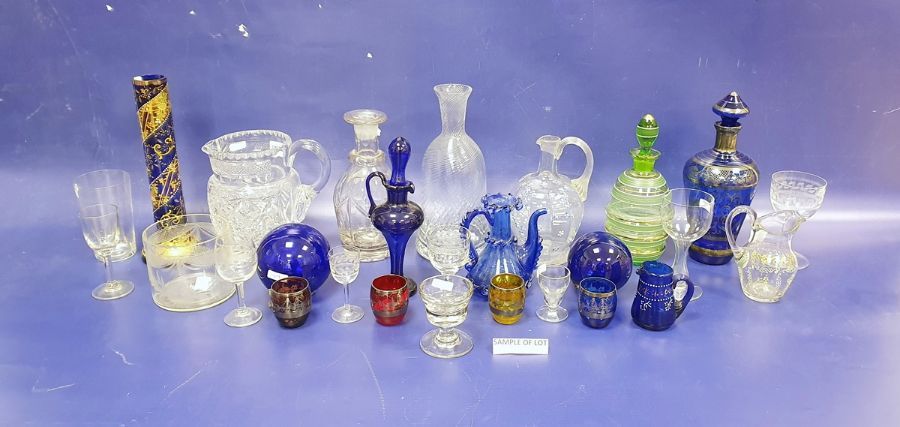 Assorted glassware to include engraved sherries, tumblers, Venetian-style vase, decanters, cut glass
