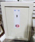 Small white metal safeCondition ReportComes with two keys. Height 46cm Width 33cm Depth 40cm
