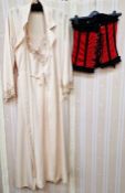 Janet Reger negligee outfit in cream satin with lace detail, some marks, a black and red corset
