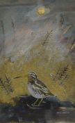 Ingebjorg Smith  Watercolour and collage on paper "Marsh Snipe", with Wren Galleries label verso,