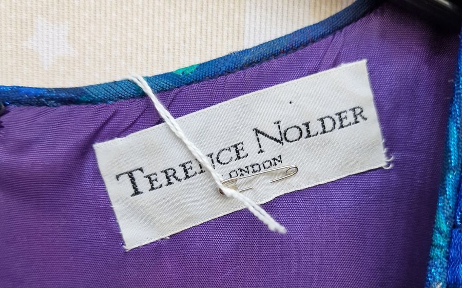 Blue chiffon and taffeta cocktail dress labelled Terence Nolder with drop waist, full skirt, machine - Image 3 of 6