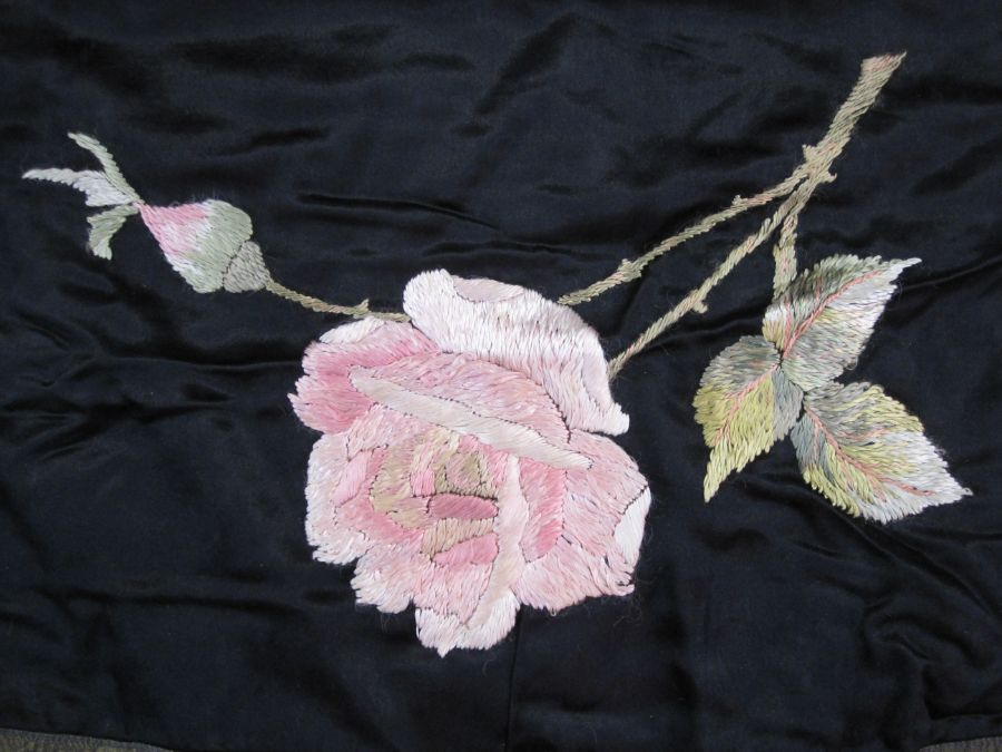 Victorian black satin table runner embroidered with roses in silk, trimmed with faded gold- - Image 2 of 2