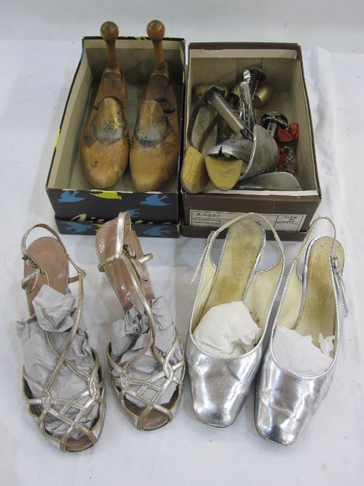 Nine pairs of womens vintage shoes including pair ballet cream silk, blue heels, a silver clutch bag - Image 2 of 2