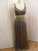 Chris Clyne Collection Gold and black lace over grey silk evening gown, empire waist with deep