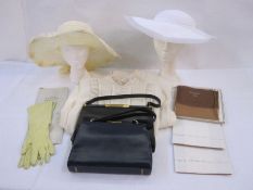 Christian Dior cotton gloves 6 1/2 , Christian Dior stockings, 1970’s cream wedding dress with hat –