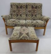 Modern Ercol sofa (188cm wide x 96cm tall x 76cm deep) and foot stool (59cm wide x 30cm tall) both