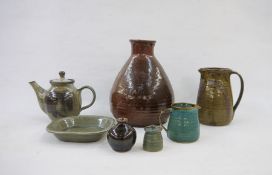 Michael Leach large brown vase (27cm) and square bowl, Yelland studio pottery to include foliate