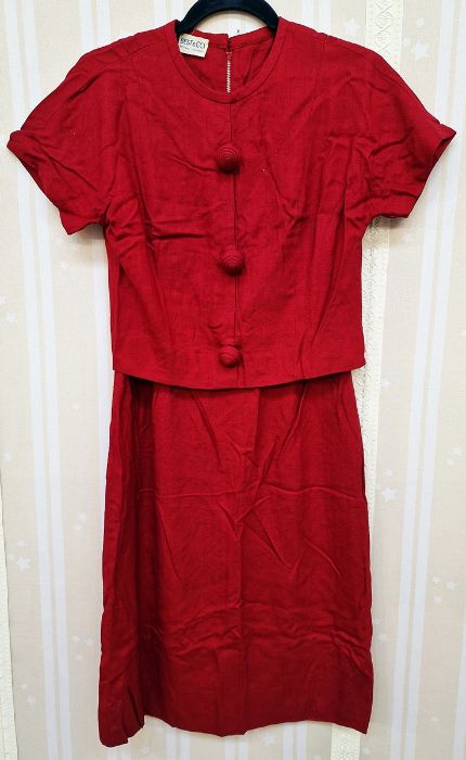 Late 1950's/early 1960's vintage costume red linen dress with fitted jacket labelled Best & Co,