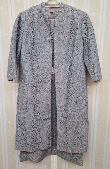 Vintage blue lace over pale mauve satin cocktail dress with matching duster coat, ruched satin