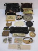 Collection of vintage bags including leather, embroidery, felt, beaded with an assortment of boxes