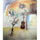 After Liam McDowell  Limited edition colour print Still life of cello and flowers in vase, signed