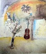 After Liam McDowell  Limited edition colour print Still life of cello and flowers in vase, signed