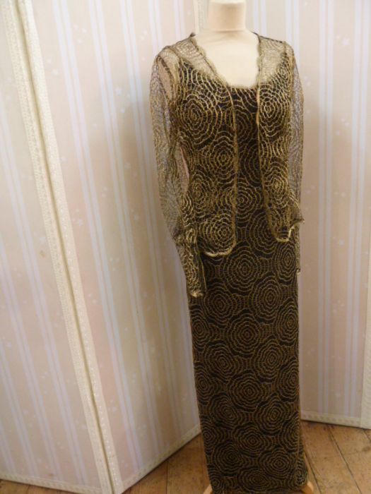 Chris Clyne Collection Gold cobweb lace over black silk evening gown, the shoulder straps created