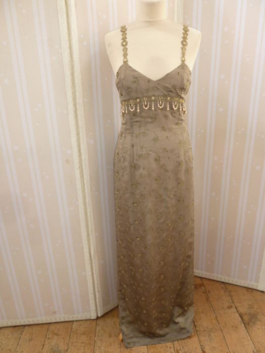 Chris Clyne Collection Sage green silk/chiffon evening gown, the chiffon embroidered with flowers