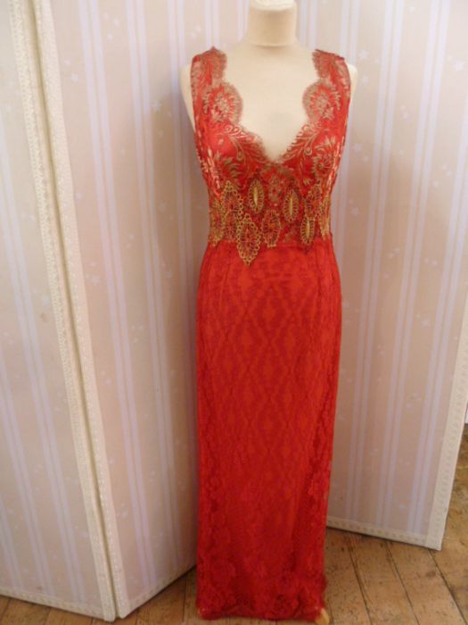 Chris Clyne Collection Red and gold thread lace and silk evening dress, appliqued design to the