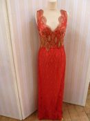 Chris Clyne Collection Red and gold thread lace and silk evening dress, appliqued design to the