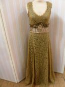 Chris Clyne Collection Gold/mustard coloured lace over green silk evening dress, appliqued waistband