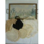 Lace doilies, collars, table mats and food covers, a black fabric evening bag with fixed frame and