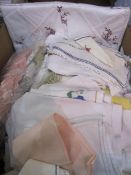 Quantity of various vintage embroidered table linen, hand towels, table napkins, etc (1 box)