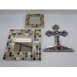 Two modern mosaic mirrors and a crucifix signed 'Joanna Casey 2014' verso and framed collection of