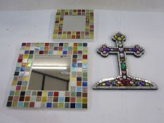 Two modern mosaic mirrors and a crucifix signed 'Joanna Casey 2014' verso and framed collection of