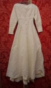 Grosgrain wedding dress in cream, 1960's, full skirt, fitted bodice, empire line, buttons down the