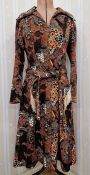 Late 1960's/early 70's psychedelic shirt dress in browns, oranges and creams, with two belts, a