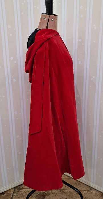 1960's red velvet evening cloak labelled Raymond of London with black satin lining and hood with - Image 2 of 8