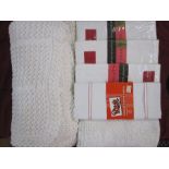 Large crocheted bedspread, three unused in original packing linen sheets, 72cm x 108cm and double